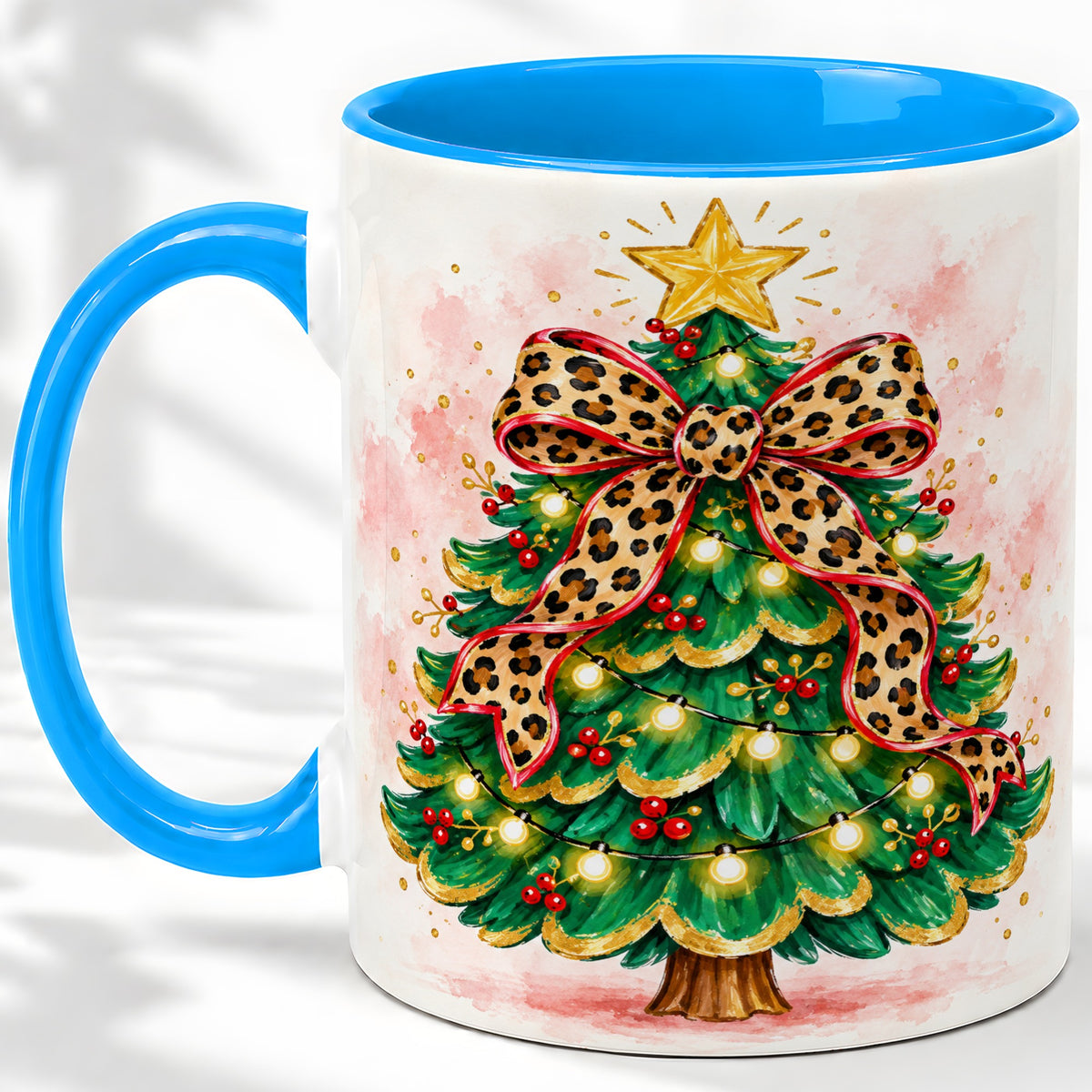 #pl[11oz|Blue] Leopard Print Christmas Tree Accent Mug, Ceramic Holiday Cup