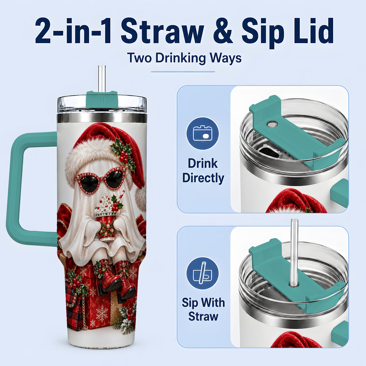 #pl[40oz|Green] Christmas Ghost 40oz Handled Tumbler, Festive Sunglasses Ghost Design