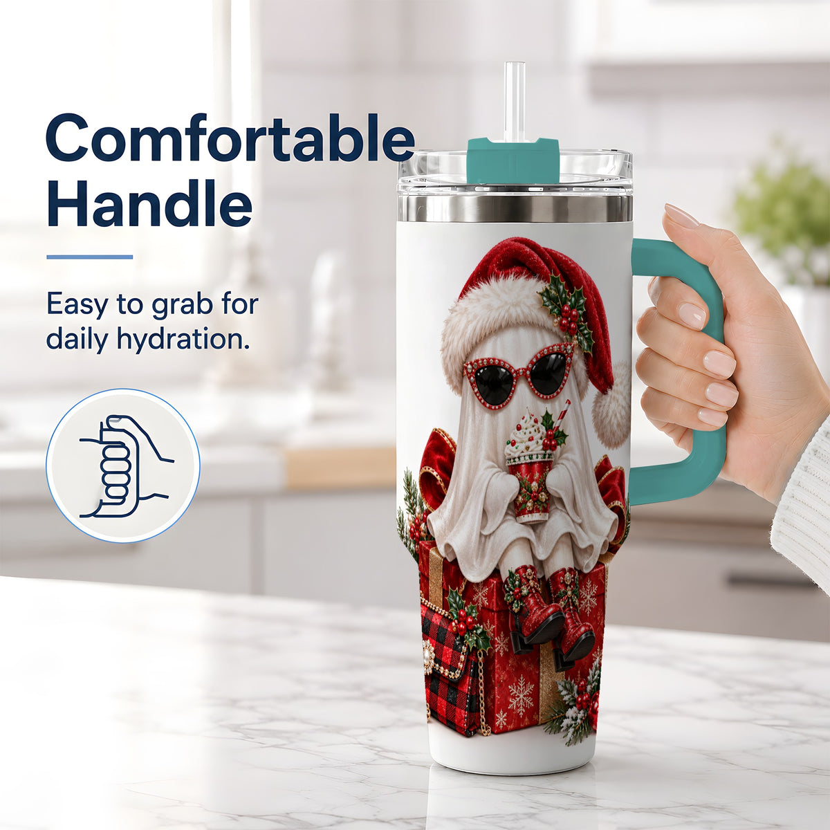 #pl[40oz|Green] Christmas Ghost 40oz Handled Tumbler, Festive Sunglasses Ghost Design