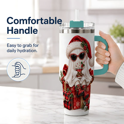 #pl[40oz|Green] Christmas Ghost 40oz Handled Tumbler, Festive Sunglasses Ghost Design