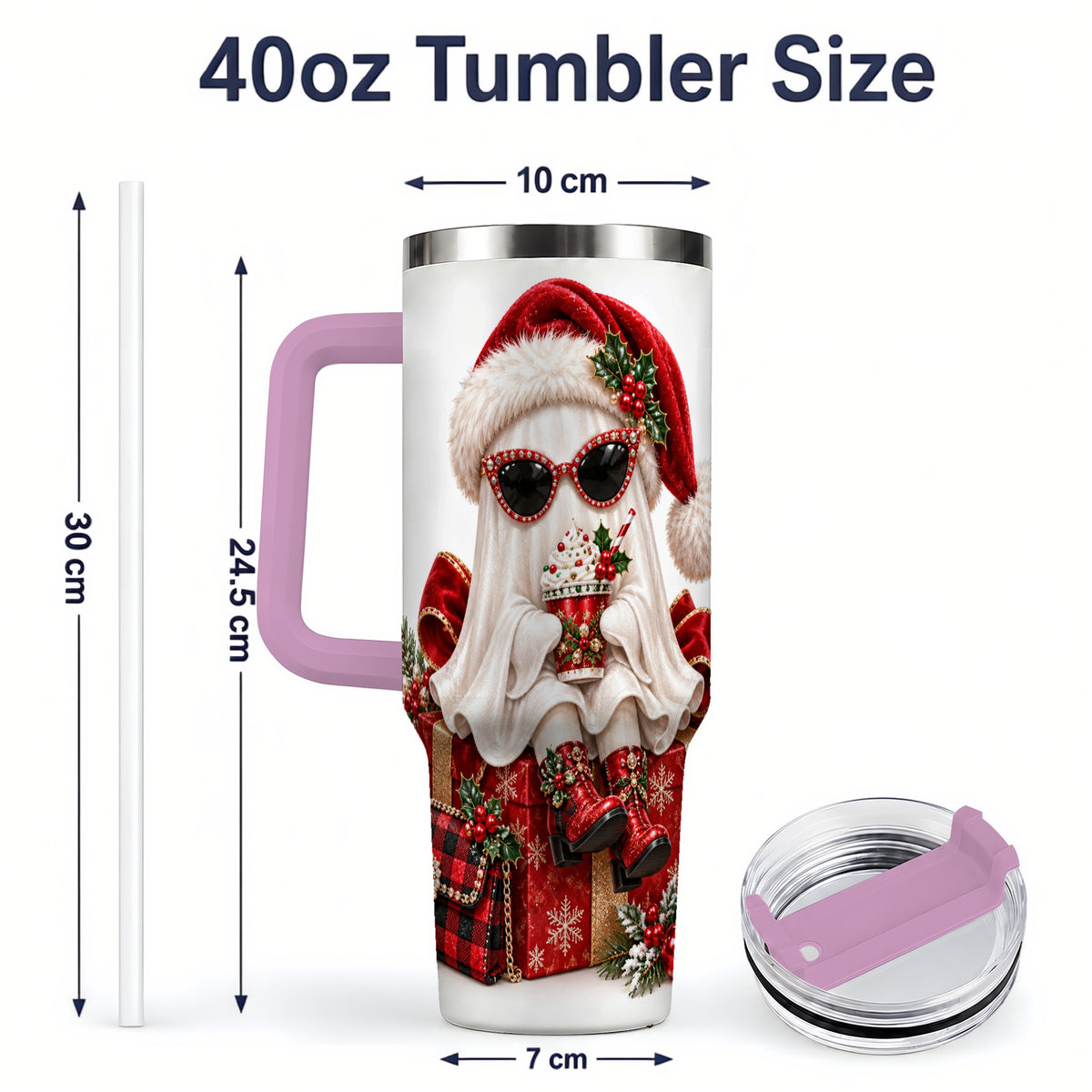 #pl[40oz|Pink] Christmas Ghost 40oz Handled Tumbler, Festive Sunglasses Ghost Design