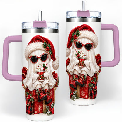 #pl[40oz|Pink] Christmas Ghost 40oz Handled Tumbler, Festive Sunglasses Ghost Design