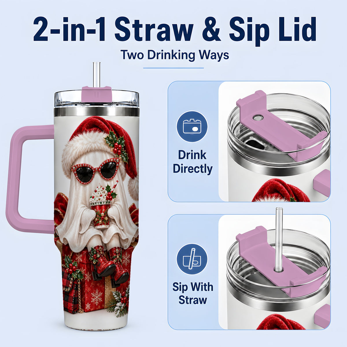 #pl[40oz|Pink] Christmas Ghost 40oz Handled Tumbler, Festive Sunglasses Ghost Design