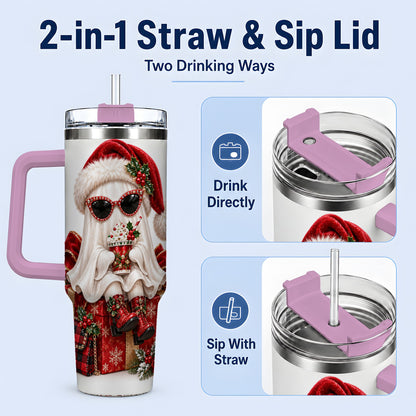 #pl[40oz|Pink] Christmas Ghost 40oz Handled Tumbler, Festive Sunglasses Ghost Design
