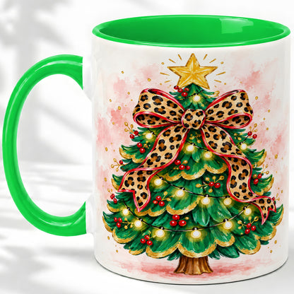 #pl[11oz|Green] Leopard Print Christmas Tree Accent Mug, Ceramic Holiday Cup
