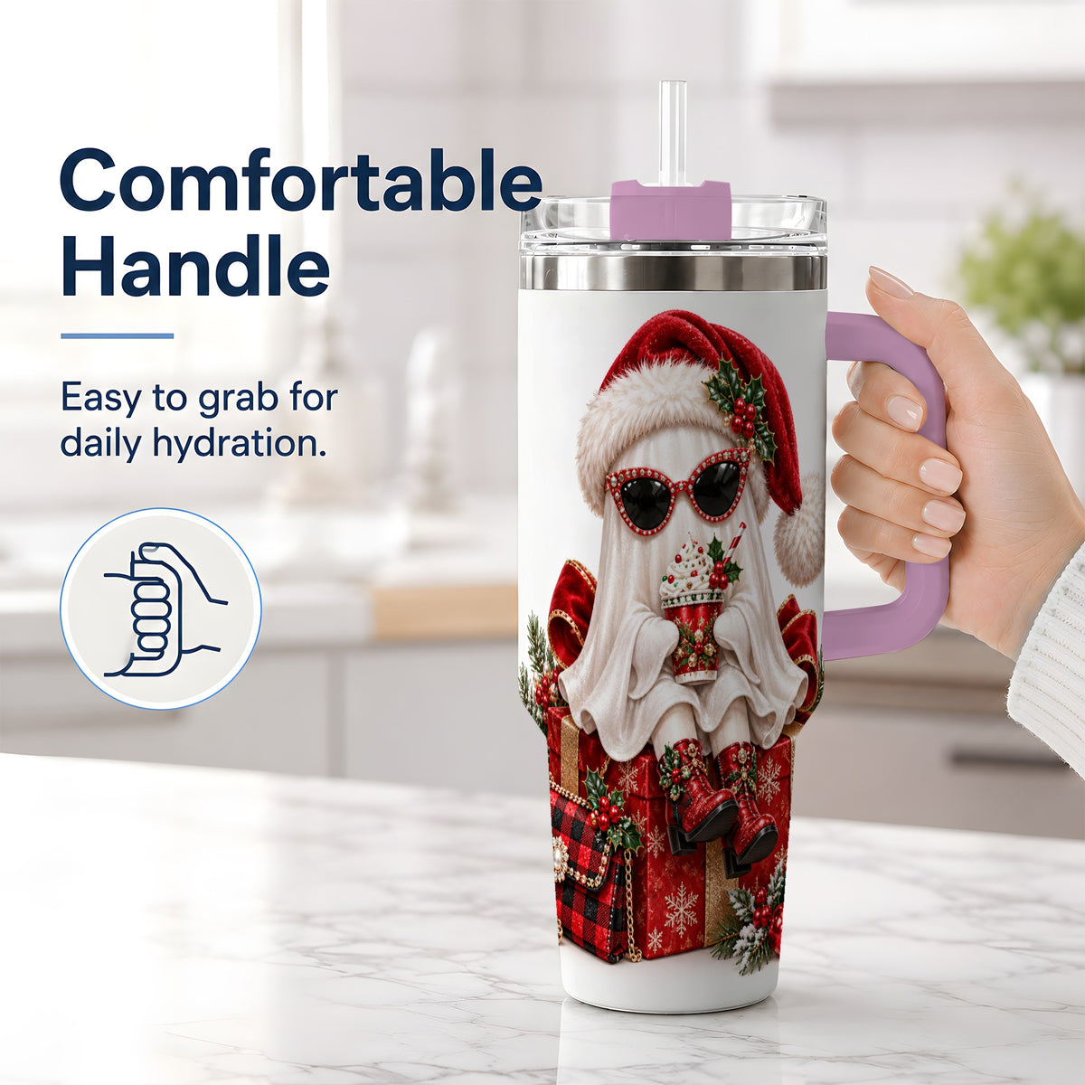 #pl[40oz|Pink] Christmas Ghost 40oz Handled Tumbler, Festive Sunglasses Ghost Design