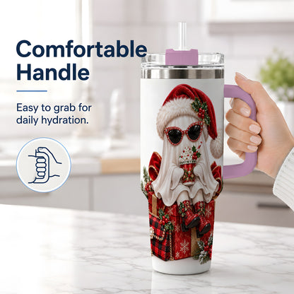 #pl[40oz|Pink] Christmas Ghost 40oz Handled Tumbler, Festive Sunglasses Ghost Design