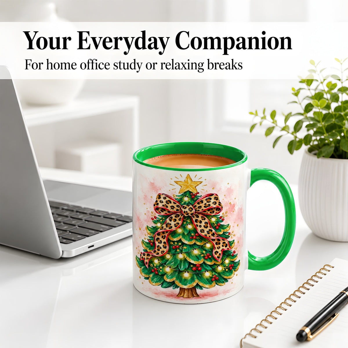 #pl[11oz|Green] Leopard Print Christmas Tree Accent Mug, Ceramic Holiday Cup