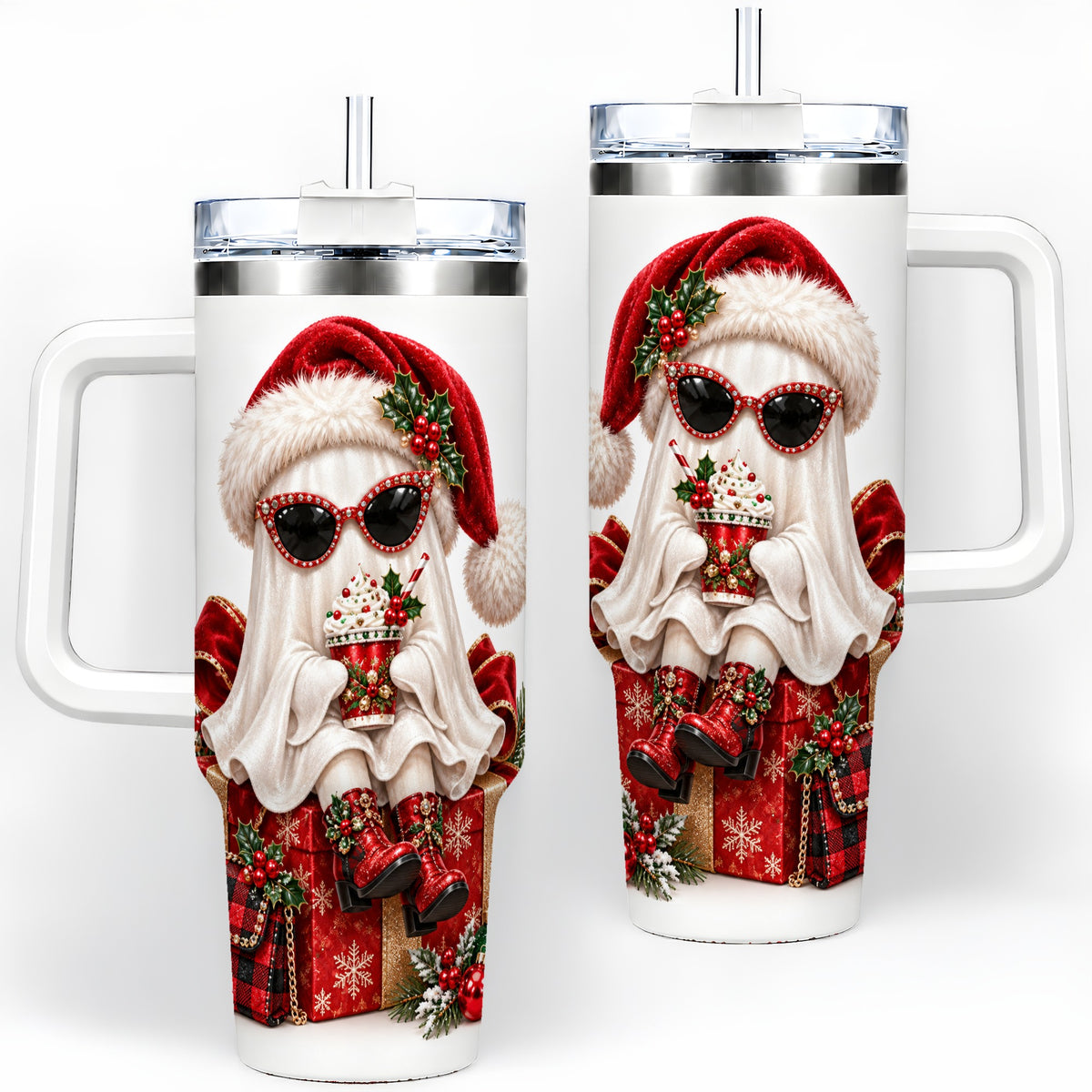 Christmas Ghost 40oz Handled Tumbler, Festive Sunglasses Ghost Design