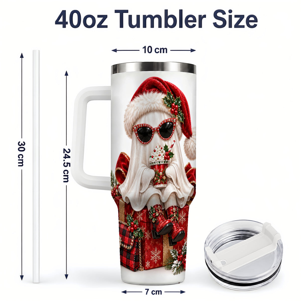 #pl[40oz|White] Christmas Ghost 40oz Handled Tumbler, Festive Sunglasses Ghost Design