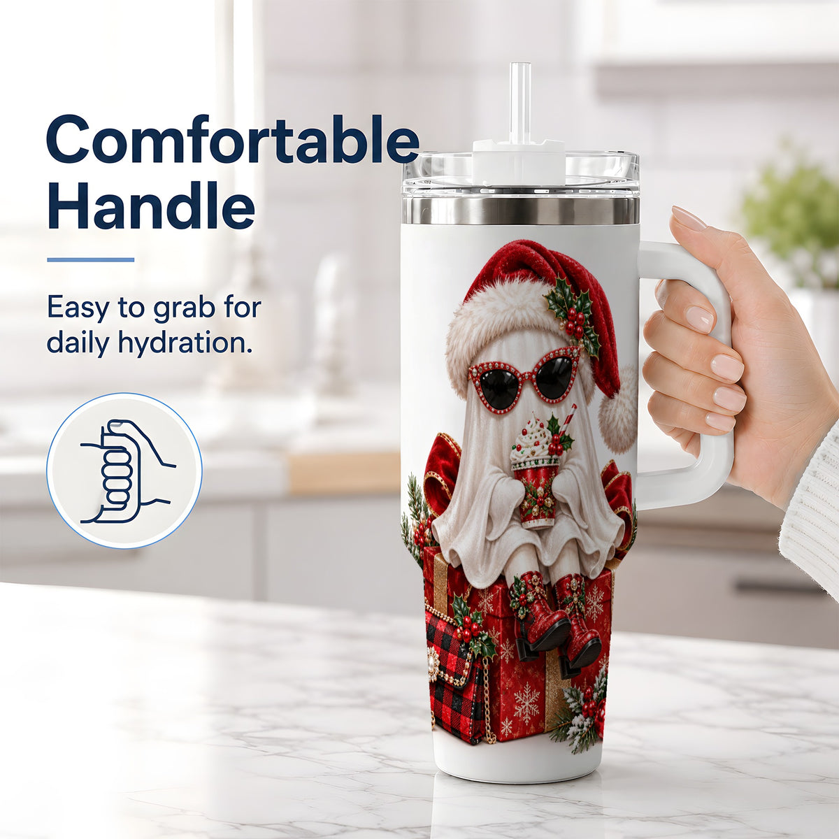 #pl[40oz|White] Christmas Ghost 40oz Handled Tumbler, Festive Sunglasses Ghost Design