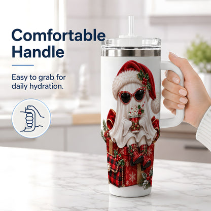 #pl[40oz|White] Christmas Ghost 40oz Handled Tumbler, Festive Sunglasses Ghost Design