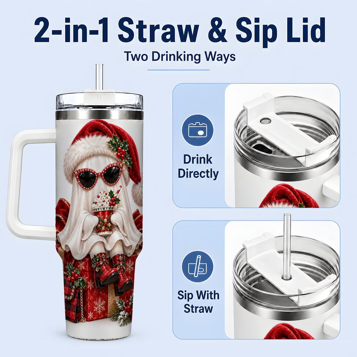 #pl[40oz|White] Christmas Ghost 40oz Handled Tumbler, Festive Sunglasses Ghost Design