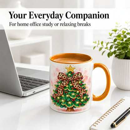 #pl[11oz|Orange] Leopard Print Christmas Tree Accent Mug, Ceramic Holiday Cup