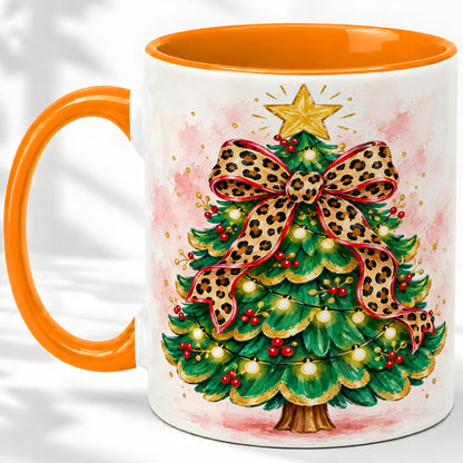 #pl[11oz|Orange] Leopard Print Christmas Tree Accent Mug, Ceramic Holiday Cup