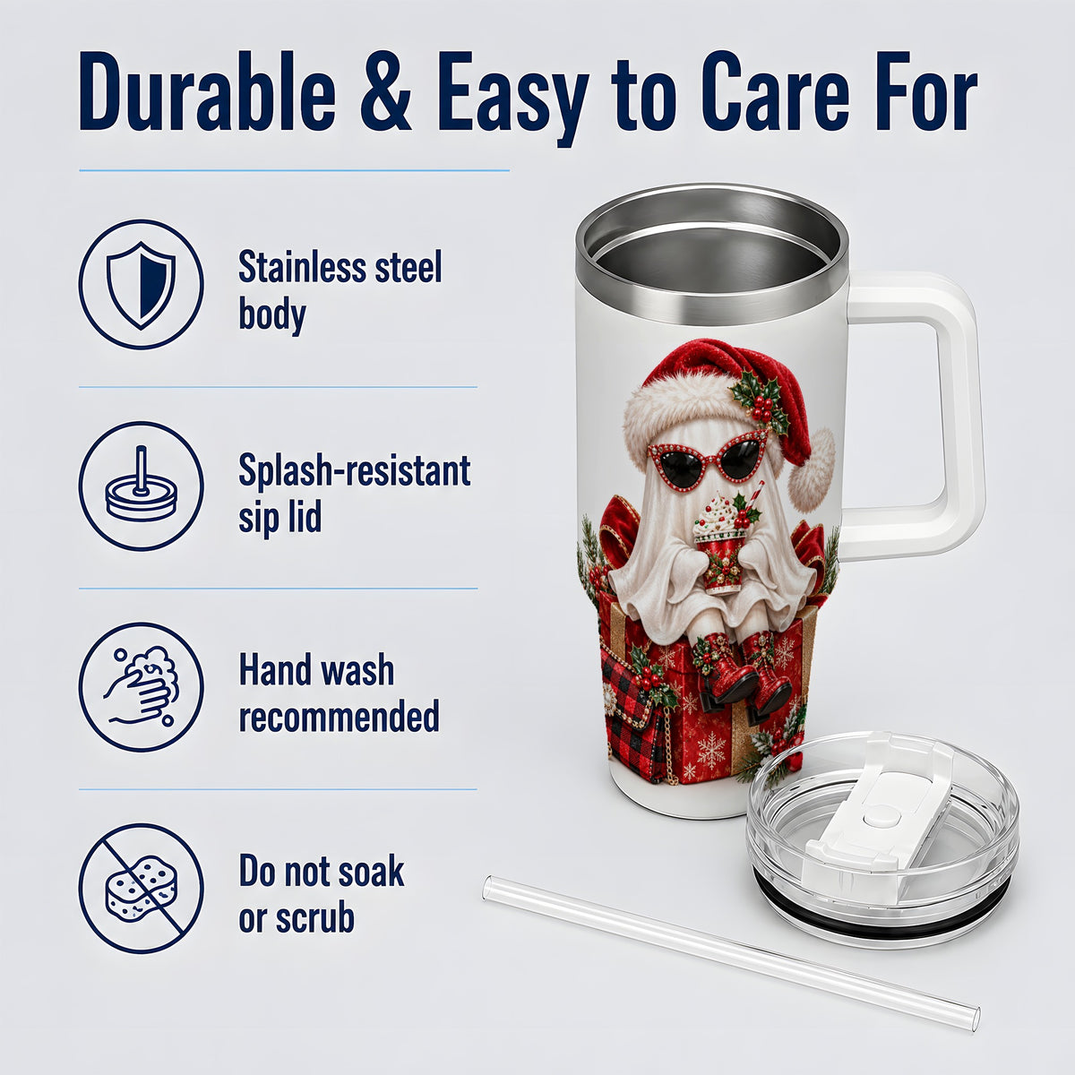 Christmas Ghost 40oz Handled Tumbler, Festive Sunglasses Ghost Design