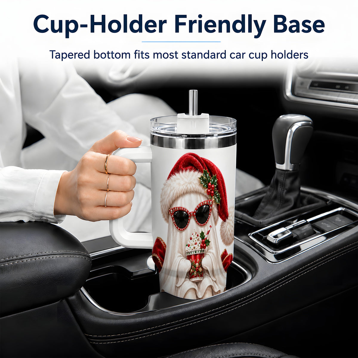 Christmas Ghost 40oz Handled Tumbler, Festive Sunglasses Ghost Design