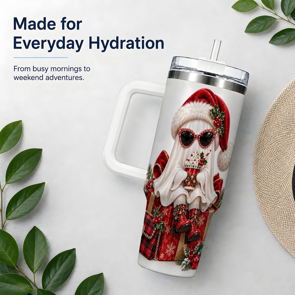 Christmas Ghost 40oz Handled Tumbler, Festive Sunglasses Ghost Design