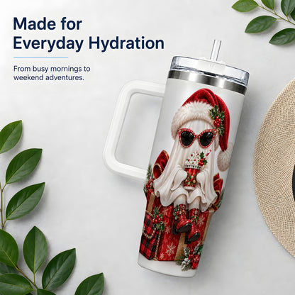Christmas Ghost 40oz Handled Tumbler, Festive Sunglasses Ghost Design