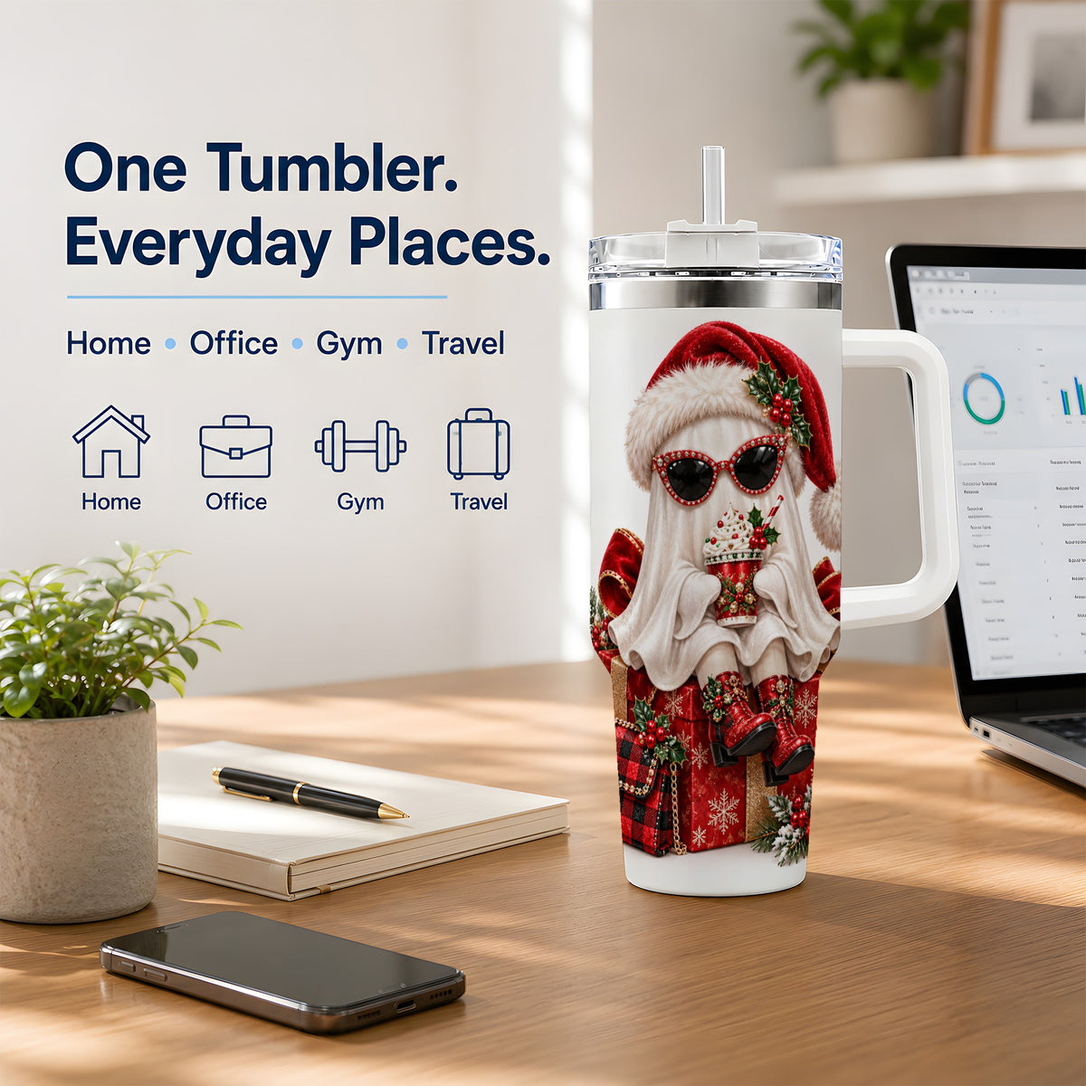 Christmas Ghost 40oz Handled Tumbler, Festive Sunglasses Ghost Design