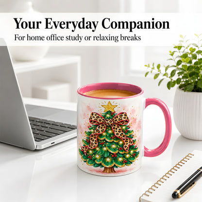 #pl[11oz|Pink] Leopard Print Christmas Tree Accent Mug, Ceramic Holiday Cup