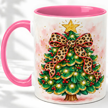 #pl[11oz|Pink] Leopard Print Christmas Tree Accent Mug, Ceramic Holiday Cup