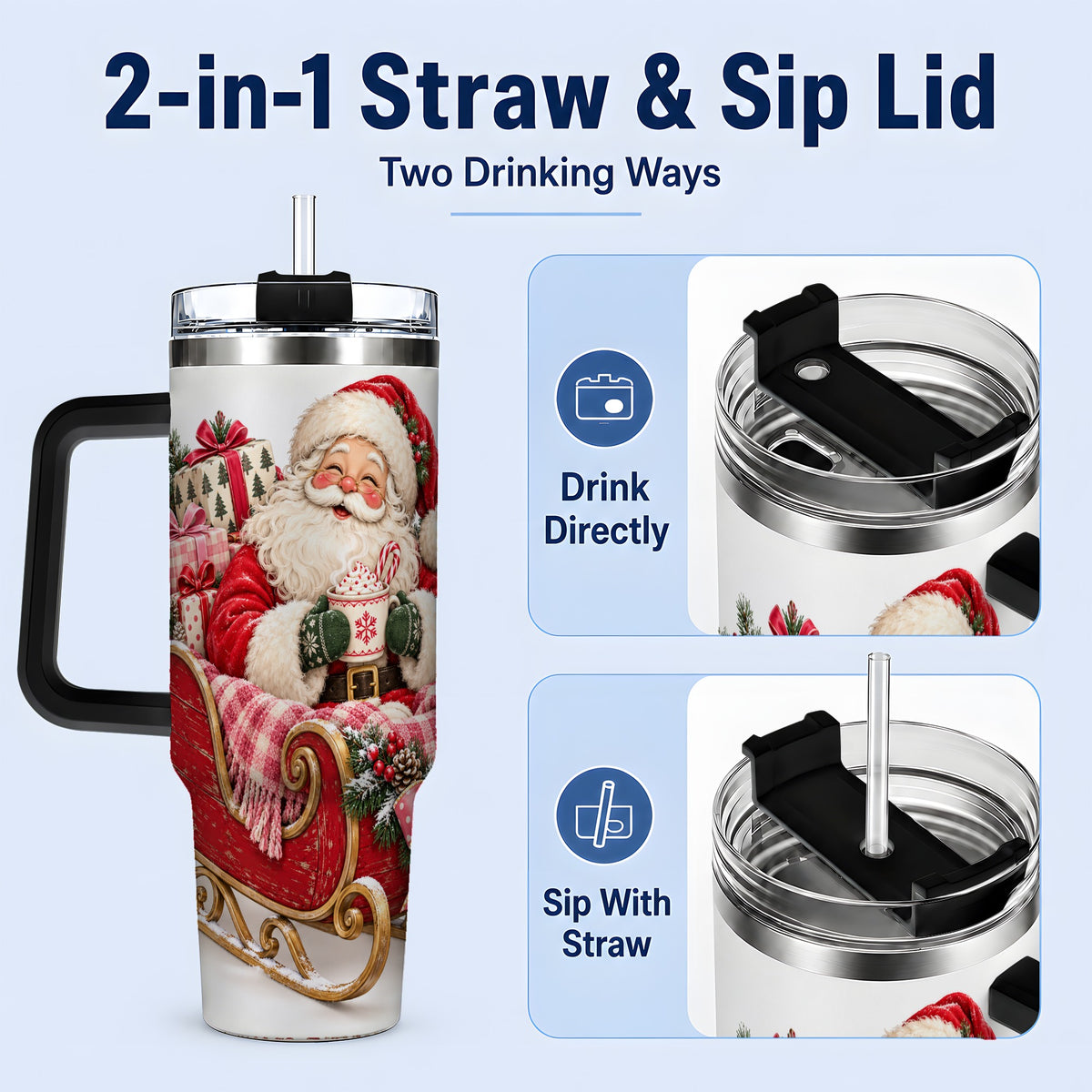 #pl[40oz|Black] Santa Christmas Sleigh 40oz Handled Tumbler, Festive Cocoa Cup Design