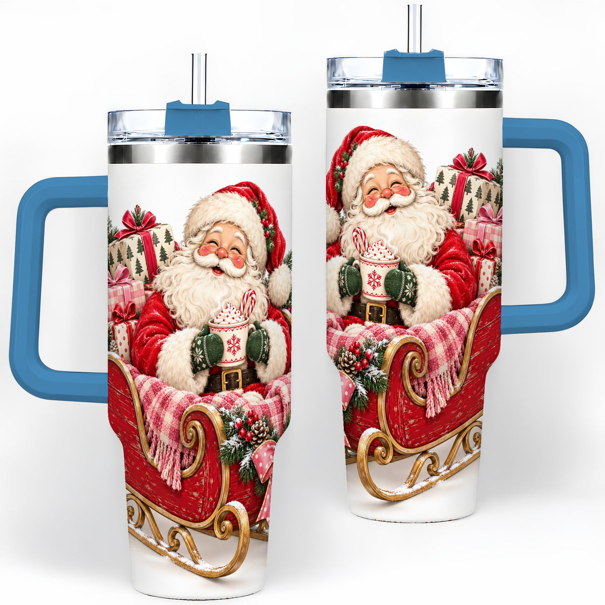 #pl[40oz|Blue] Santa Christmas Sleigh 40oz Handled Tumbler, Festive Cocoa Cup Design