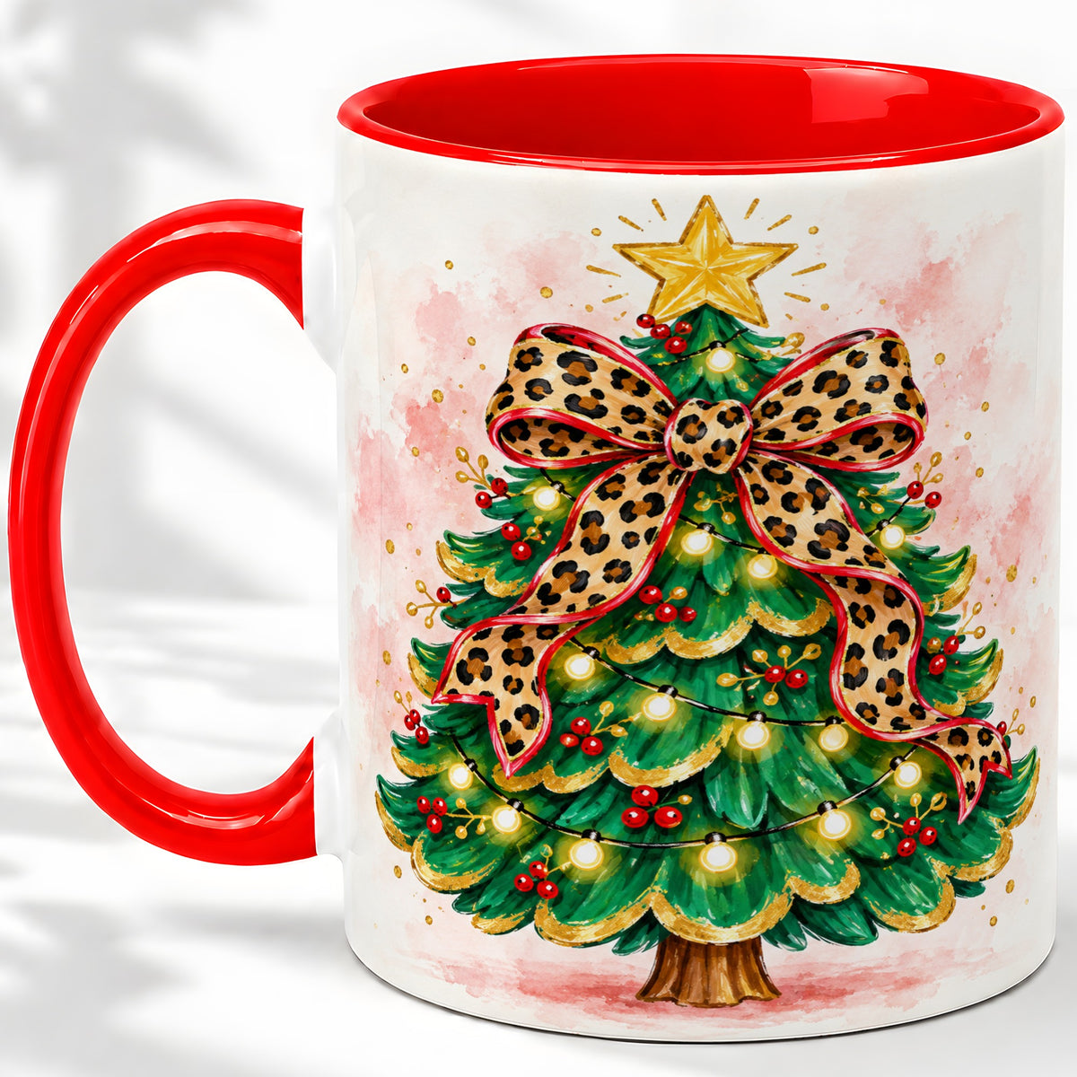 Leopard Print Christmas Tree Accent Mug, Ceramic Holiday Cup