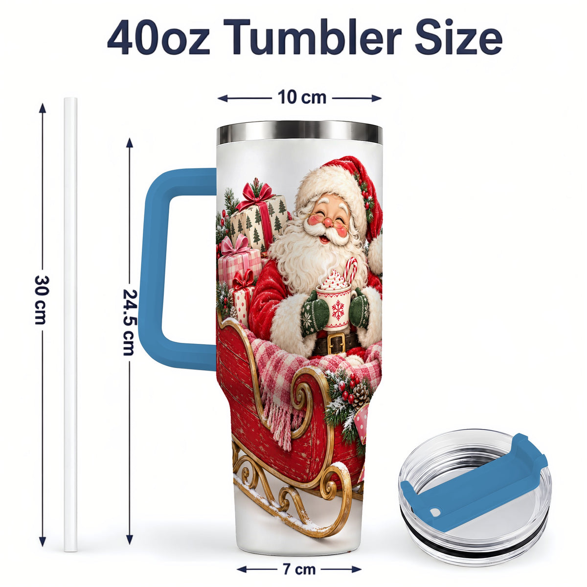 #pl[40oz|Blue] Santa Christmas Sleigh 40oz Handled Tumbler, Festive Cocoa Cup Design