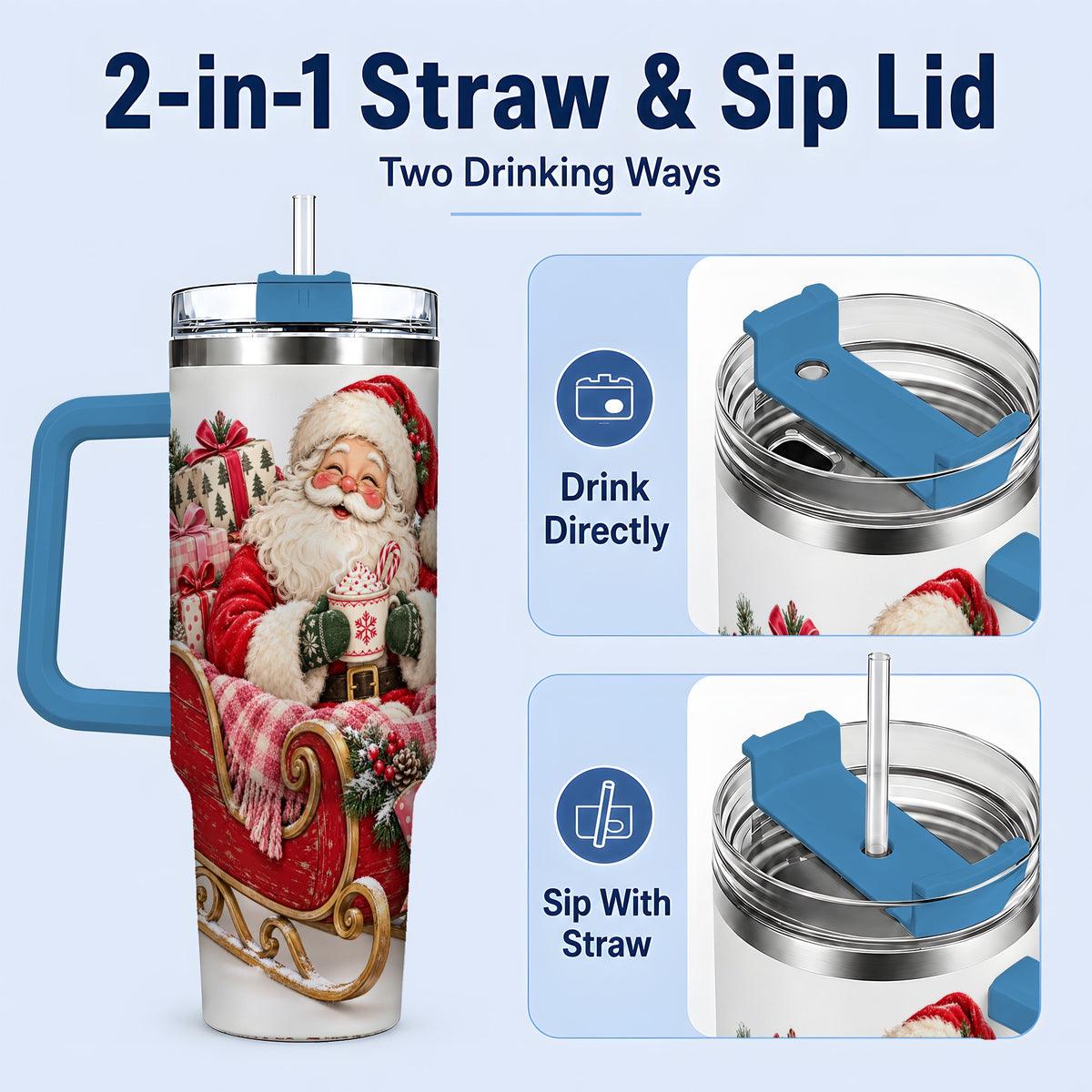 #pl[40oz|Blue] Santa Christmas Sleigh 40oz Handled Tumbler, Festive Cocoa Cup Design