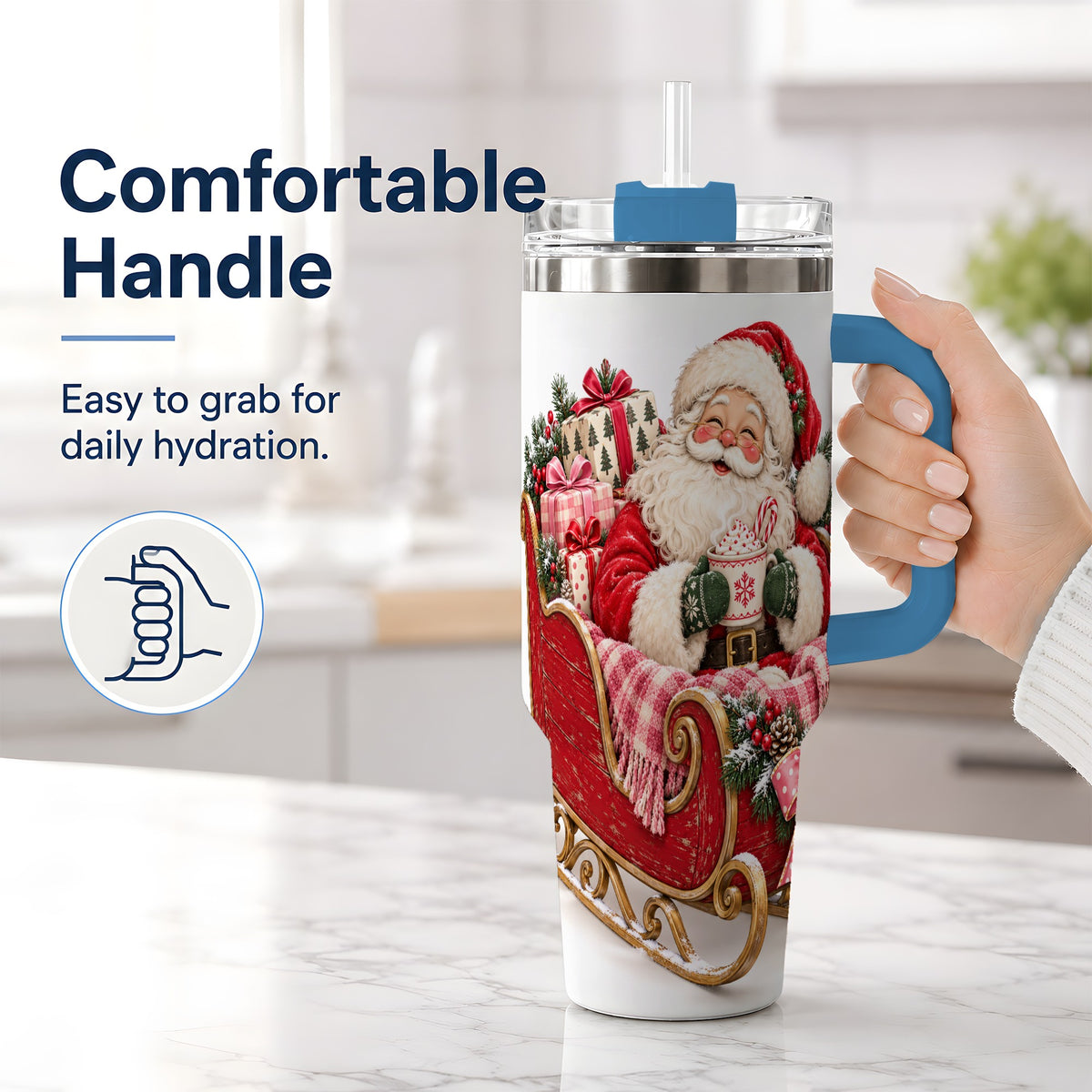 #pl[40oz|Blue] Santa Christmas Sleigh 40oz Handled Tumbler, Festive Cocoa Cup Design