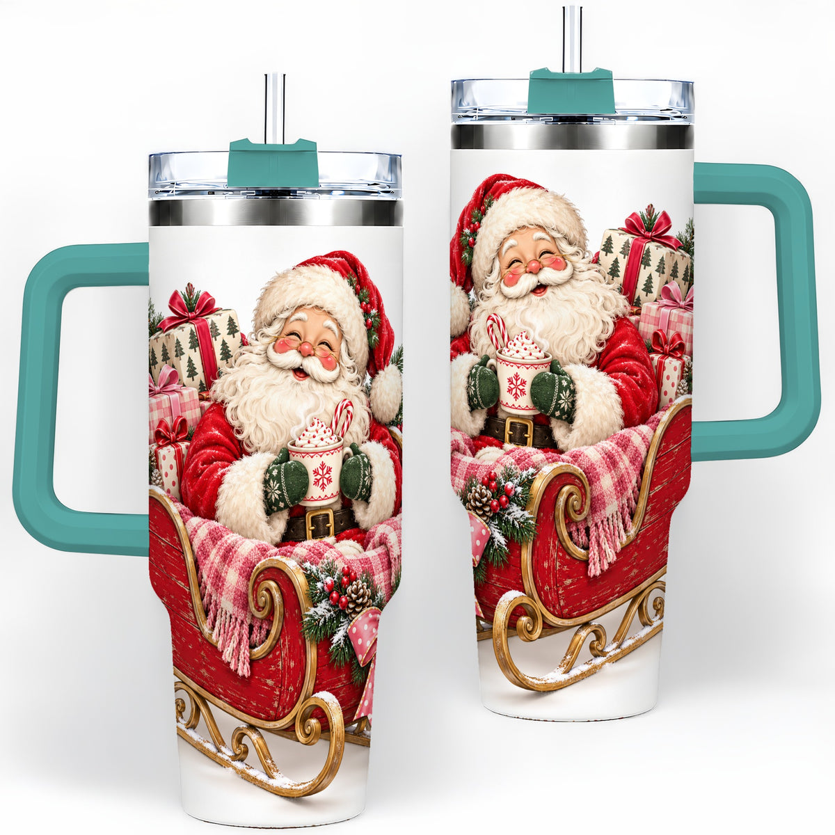 #pl[40oz|Green] Santa Christmas Sleigh 40oz Handled Tumbler, Festive Cocoa Cup Design
