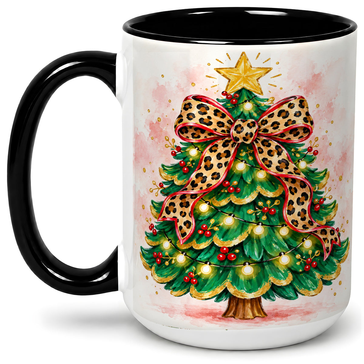 #pl[15oz|Black] Leopard Print Christmas Tree Accent Mug, Ceramic Holiday Cup