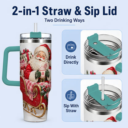 #pl[40oz|Green] Santa Christmas Sleigh 40oz Handled Tumbler, Festive Cocoa Cup Design