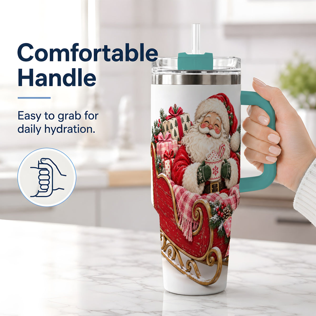 #pl[40oz|Green] Santa Christmas Sleigh 40oz Handled Tumbler, Festive Cocoa Cup Design