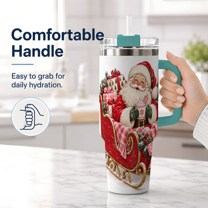 #pl[40oz|Green] Santa Christmas Sleigh 40oz Handled Tumbler, Festive Cocoa Cup Design