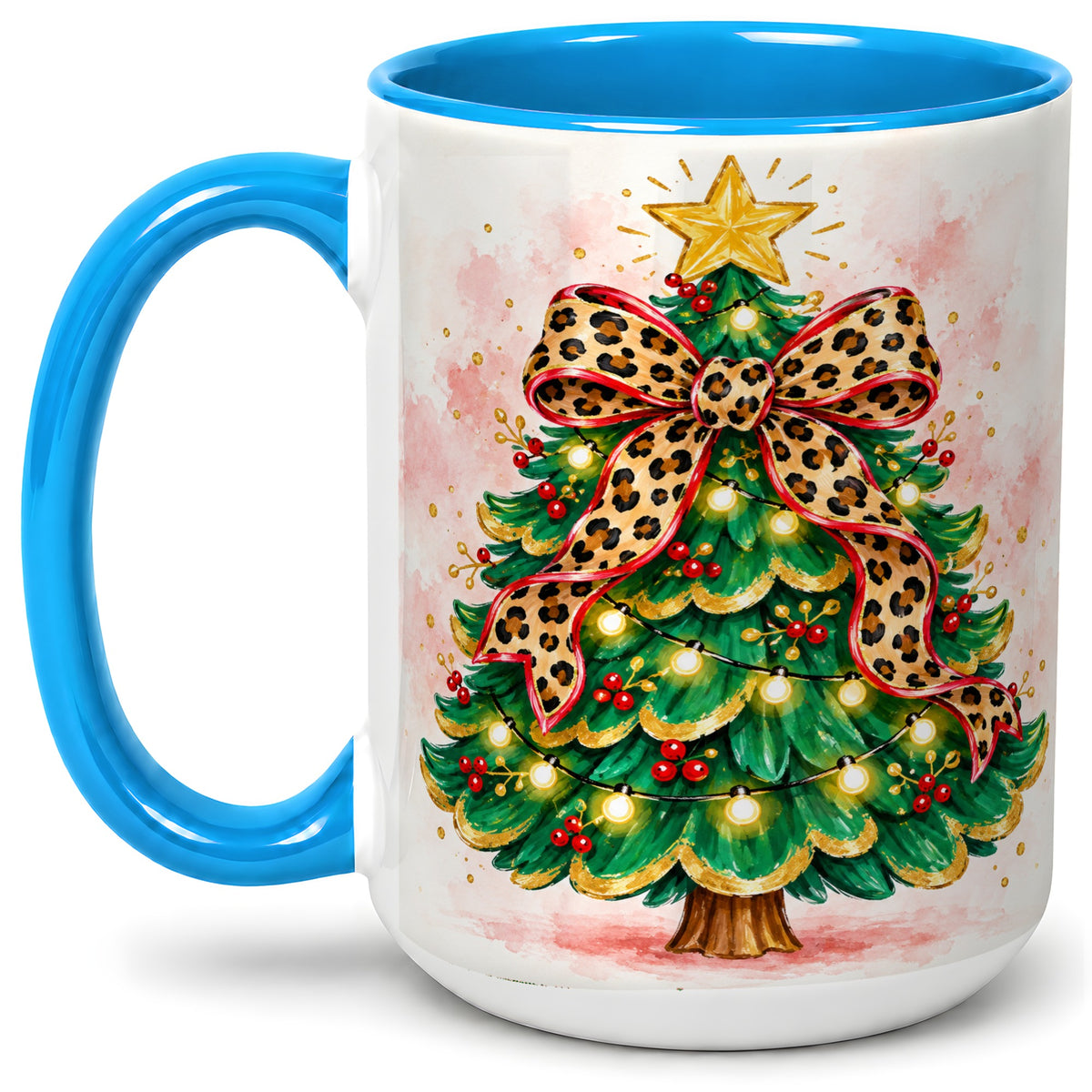 #pl[15oz|Blue] Leopard Print Christmas Tree Accent Mug, Ceramic Holiday Cup