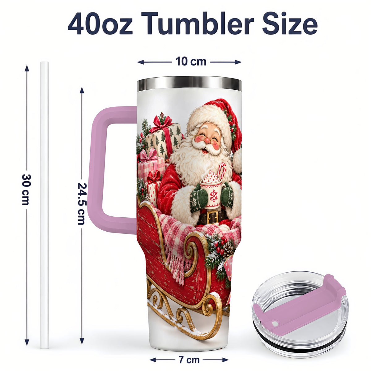 #pl[40oz|Pink] Santa Christmas Sleigh 40oz Handled Tumbler, Festive Cocoa Cup Design