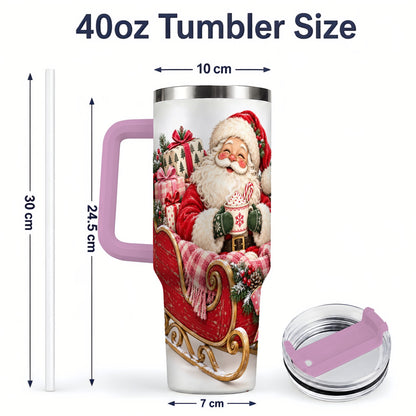 #pl[40oz|Pink] Santa Christmas Sleigh 40oz Handled Tumbler, Festive Cocoa Cup Design