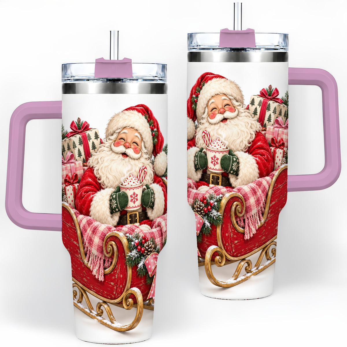#pl[40oz|Pink] Santa Christmas Sleigh 40oz Handled Tumbler, Festive Cocoa Cup Design