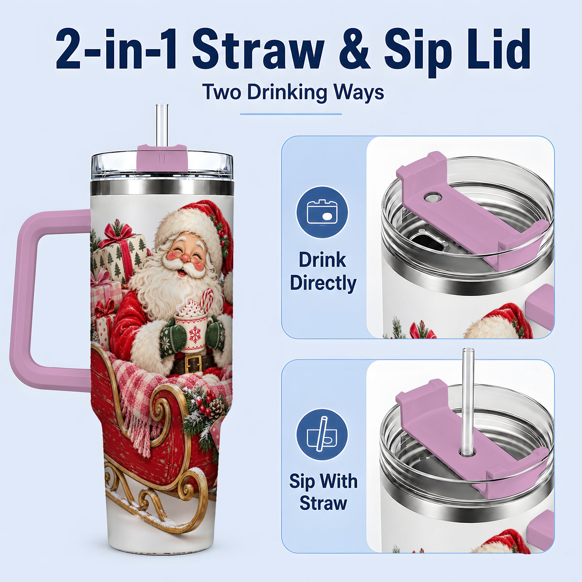 #pl[40oz|Pink] Santa Christmas Sleigh 40oz Handled Tumbler, Festive Cocoa Cup Design