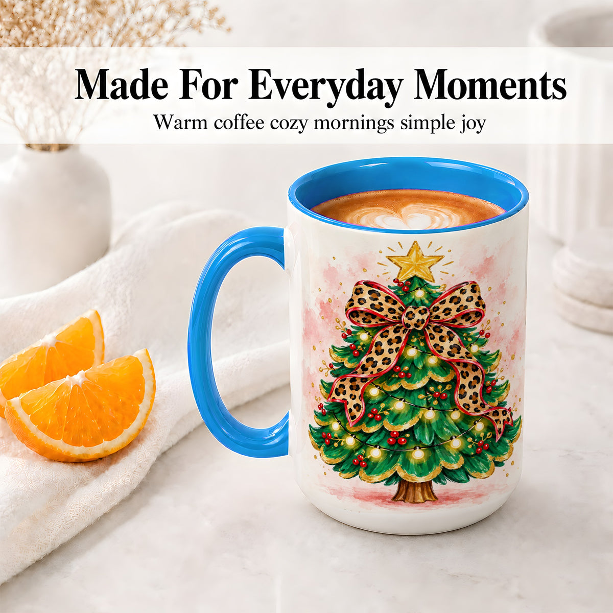 #pl[15oz|Blue] Leopard Print Christmas Tree Accent Mug, Ceramic Holiday Cup