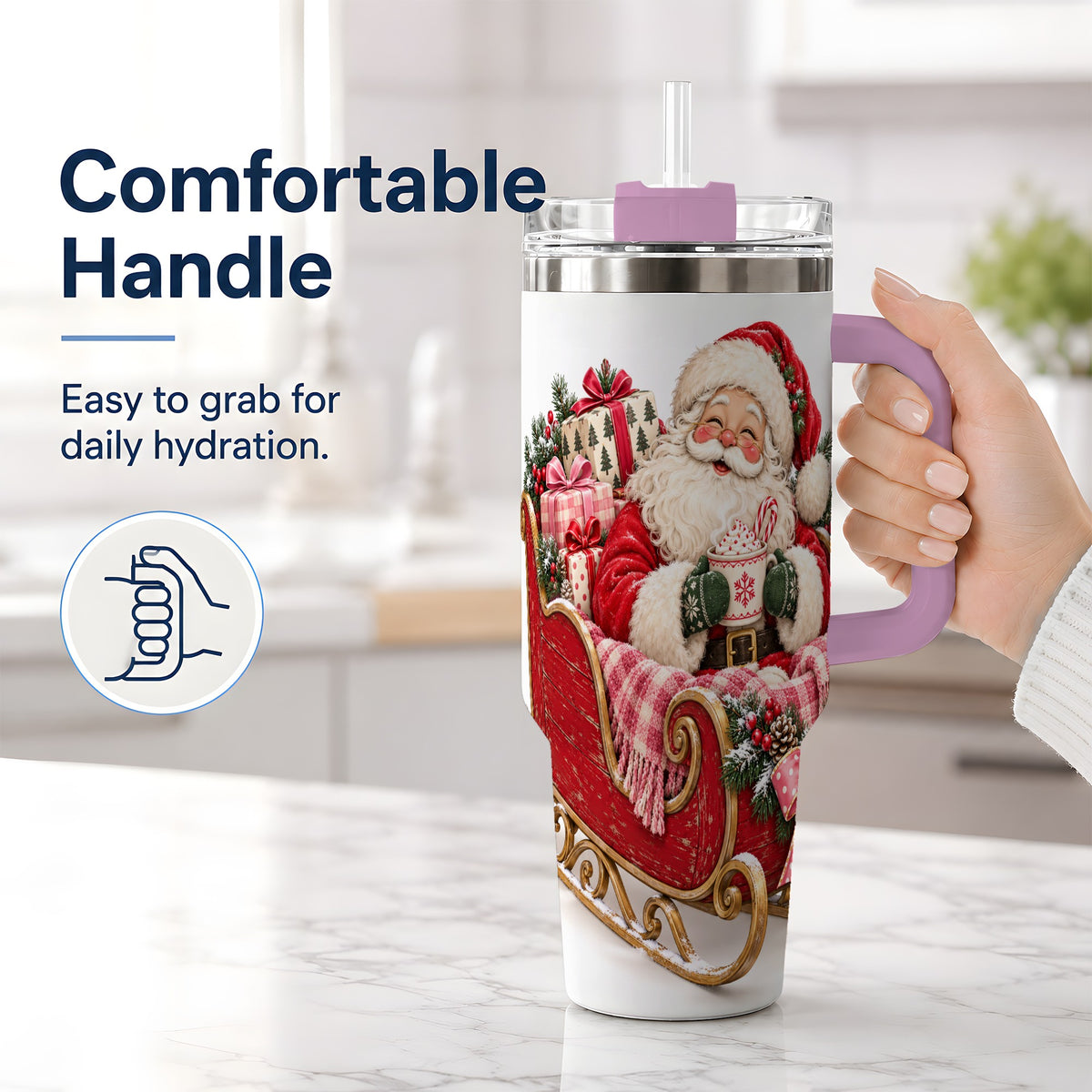 #pl[40oz|Pink] Santa Christmas Sleigh 40oz Handled Tumbler, Festive Cocoa Cup Design