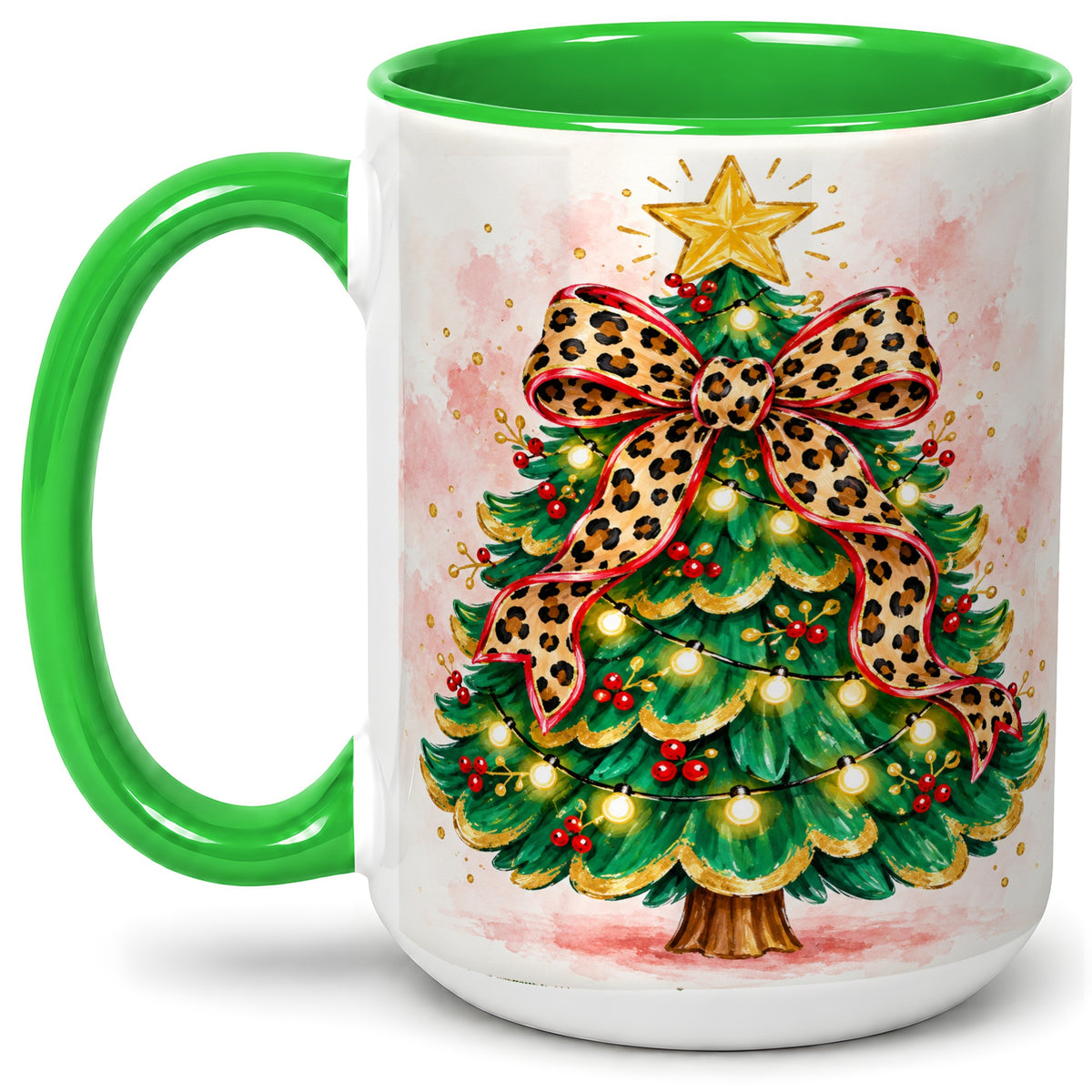 #pl[15oz|Green] Leopard Print Christmas Tree Accent Mug, Ceramic Holiday Cup