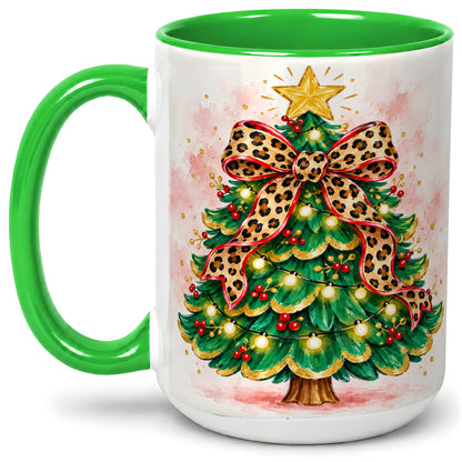 #pl[15oz|Green] Leopard Print Christmas Tree Accent Mug, Ceramic Holiday Cup