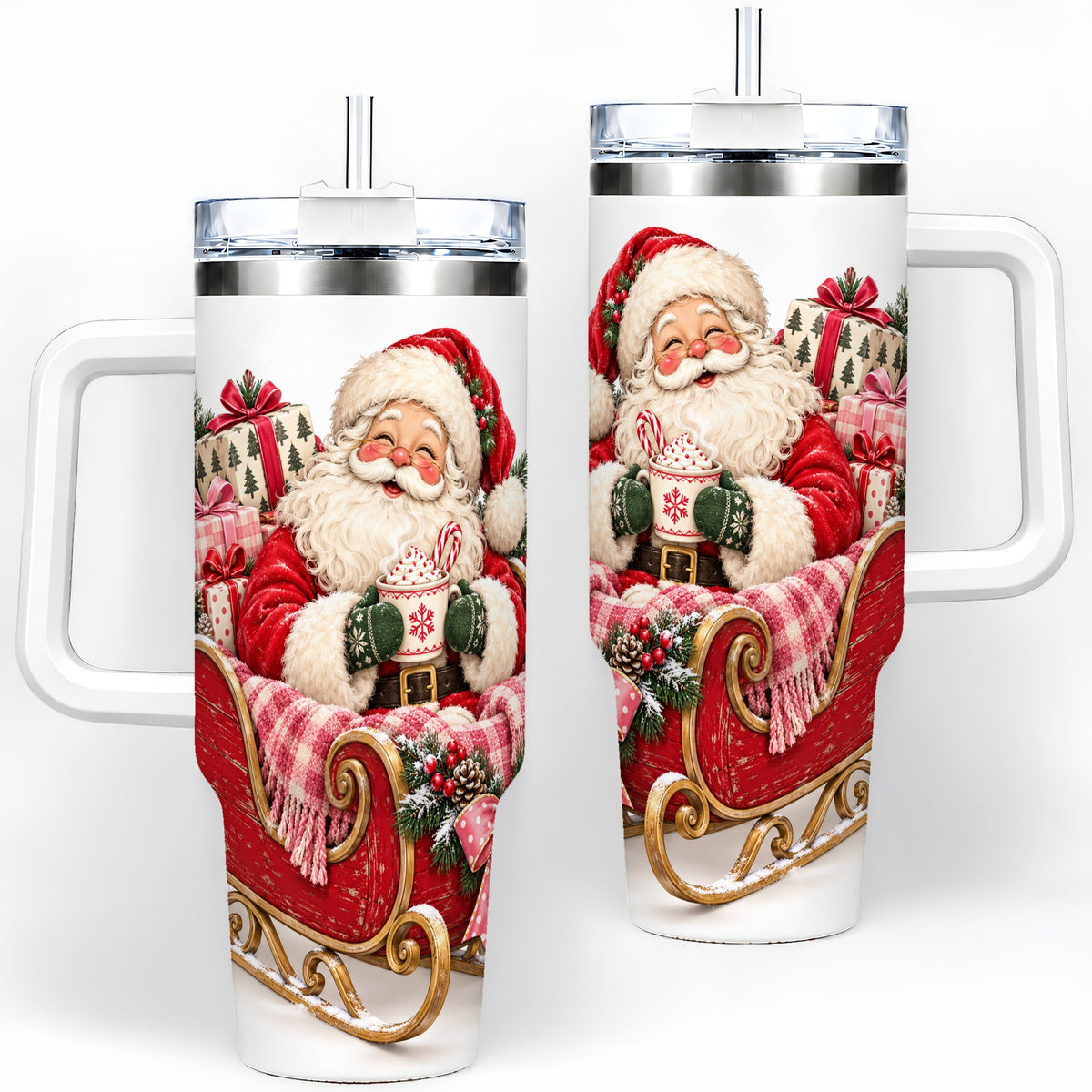 Santa Christmas Sleigh 40oz Handled Tumbler, Festive Cocoa Cup Design