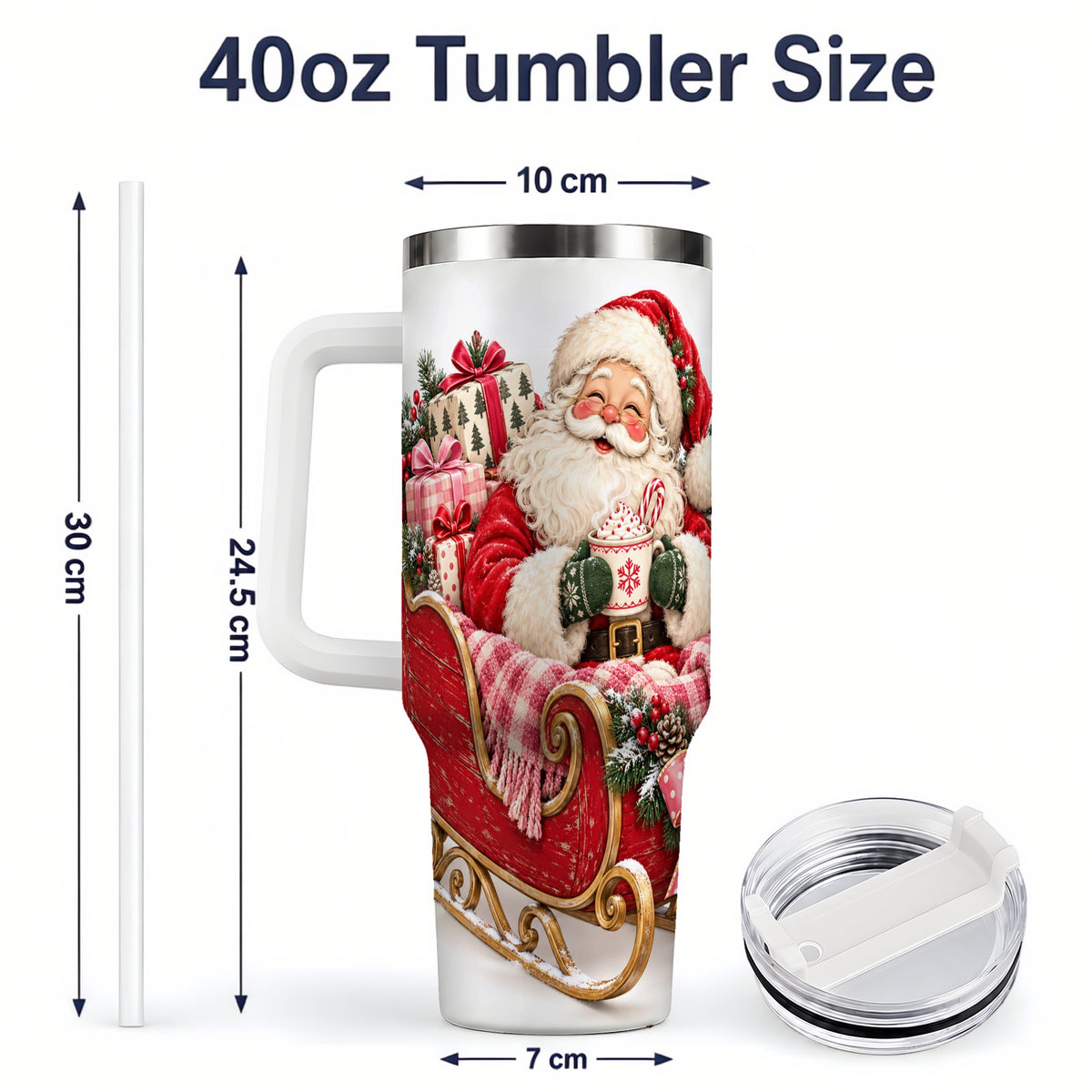 #pl[40oz|White] Santa Christmas Sleigh 40oz Handled Tumbler, Festive Cocoa Cup Design