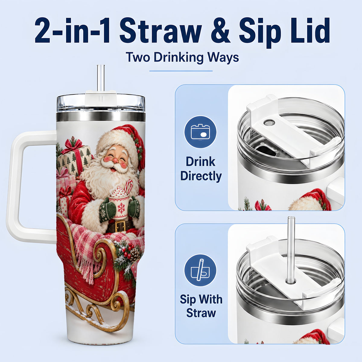 #pl[40oz|White] Santa Christmas Sleigh 40oz Handled Tumbler, Festive Cocoa Cup Design