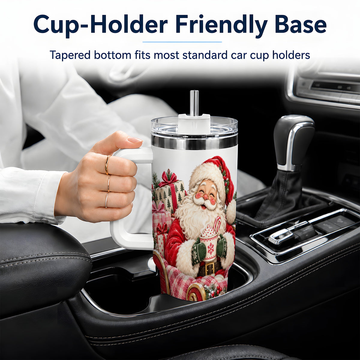 Santa Christmas Sleigh 40oz Handled Tumbler, Festive Cocoa Cup Design